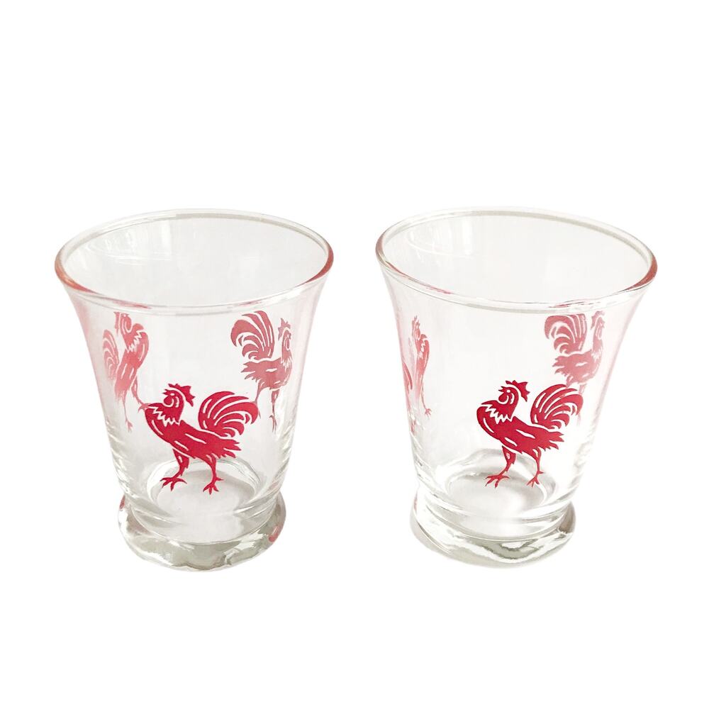 Vintage MCM Rooster Juice Glasses 2 Piece Set Red Clear Glass Drinkware Cups